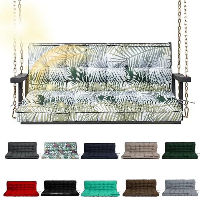 Porch Swing Cushion Three Seat, Waterproof Swing Cushions Replacement with Backrest, Outdoor Garden Furniture Patio 4" Thickened Cushions with Ties (Bamboo Leaves, 40 x 55in)