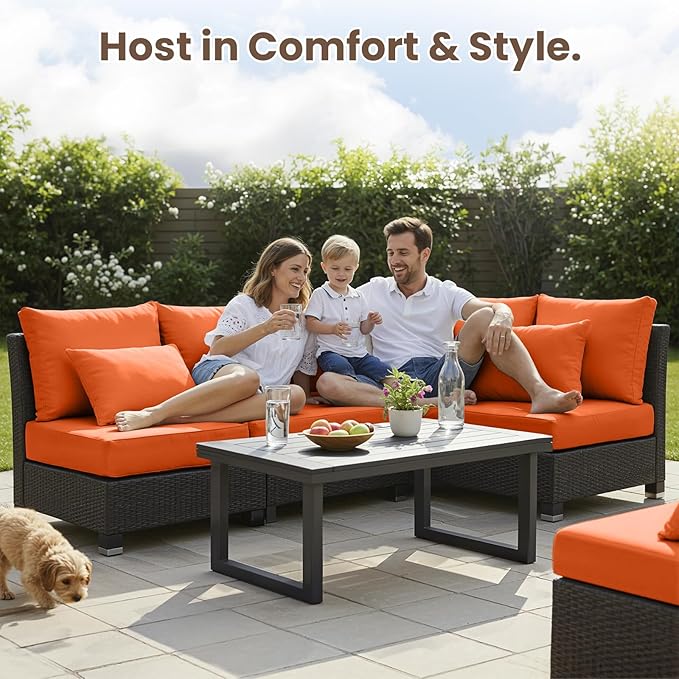Outdoor Chair Cushions, 6 Inch Thick Patio Seat & Back Cushions Set with Removable Cover, Waterproof Patio Cushions for Outdoor Furniture, 24 x 24 Inch, Orange 4-Set