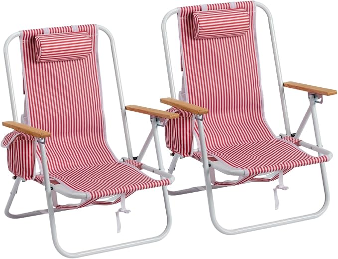 Outvita 2 Pack Folding Beach Chair, 4 Position Adjustable Reclining Lounge Chair with Padded Headrest, Large Rear & Side Storage Pockets, Lightweight Portable Outdoor Chair for Beach Pool Garden BBQ