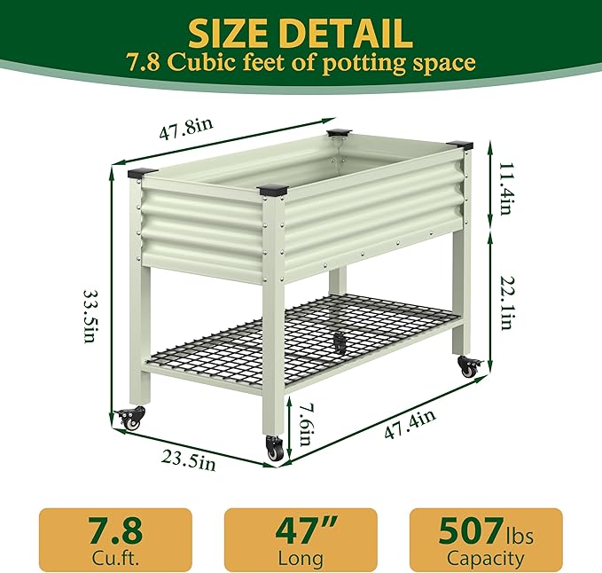 MUPATER 48" L x 24" W x 34" H Galvanized Steel Raised Garden Bed, 507lbs Capacity Large Metal Elevated Raised Planter Box with Rolling Casters & Extra Bottom Shelf for Patio, Balcony, Beige
