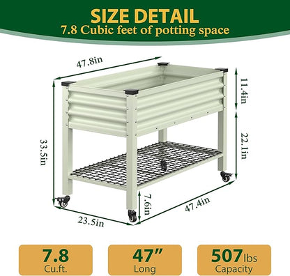 MUPATER 48" L x 24" W x 34" H Galvanized Steel Raised Garden Bed, 507lbs Capacity Large Metal Elevated Raised Planter Box with Rolling Casters & Extra Bottom Shelf for Patio, Balcony, Beige