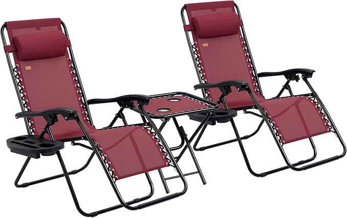 Outsunny Zero Gravity Chair Set with Side Table, Folding Reclining Chair with Cupholders & Pillows, Adjustable Lounge Chairs for Pool, Backyard, Lawn, Beach, Wine Red