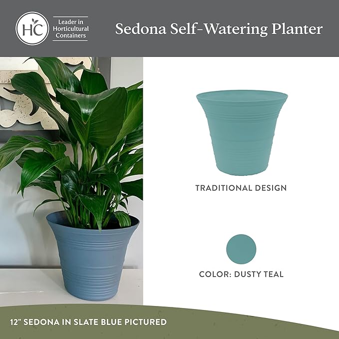 The HC Companies 12 Inch Sedona Round Self Watering Planter Pots, Lightweight UV-Resistant Plastic Indoor & Outdoor Planters, 2-Pack Flower Pots for Garden & Home Decor, Dusty Teal