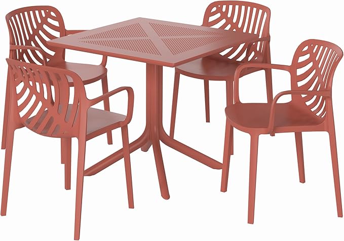 Costaelm Breakfast Table Set for 4, HDPE Patio Square Dining Table and Stackable Chairs, Outdoor Small Patio Furniture Set All Weather for Backyard Porch Poolside, Red