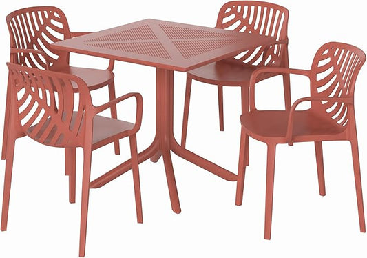 Costaelm Breakfast Table Set for 4, HDPE Patio Square Dining Table and Stackable Chairs, Outdoor Small Patio Furniture Set All Weather for Backyard Porch Poolside, Red
