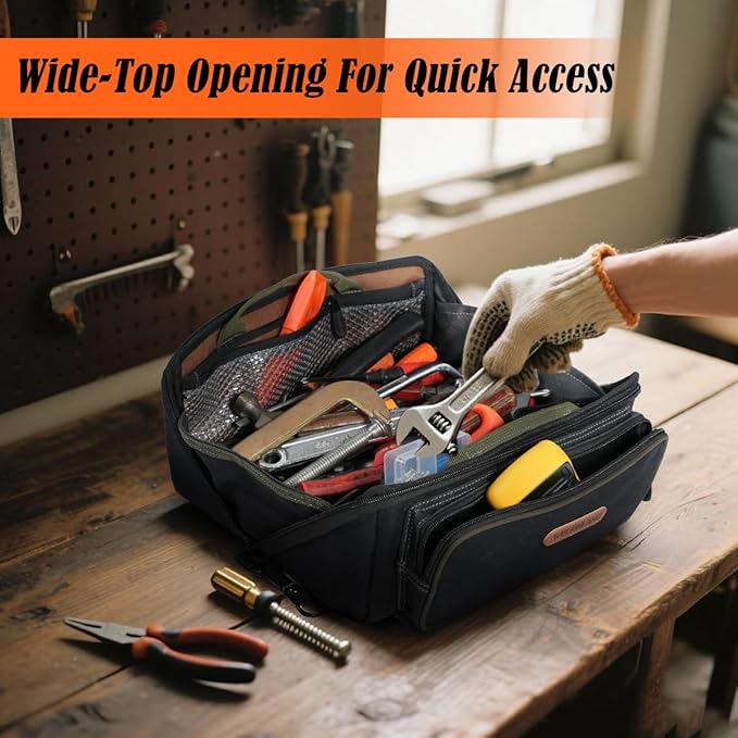 WELKINLAND LayFlat Tool Pouch Organizer, 13-Inch Small Tool Bag, Heavy-Duty Waxed Canvas Tool Pouch, 5-Pocket Small Tool Bags with Zipper, Wide-Open Electrician Tool Bag