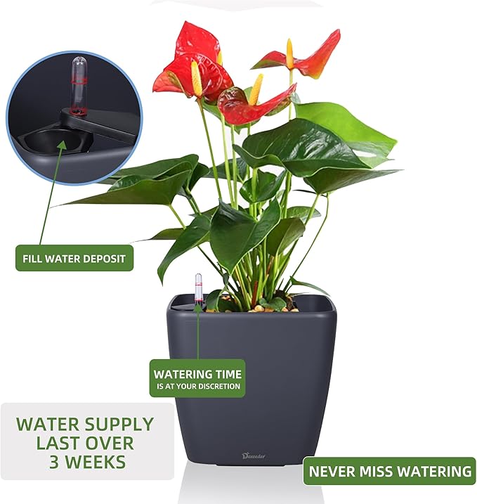 Dexceder 15x14 Self Watering Planter with Wheels Indoor Outdoor, Inner Mat Design, Thickened Large Floor Standing Flower Plant Pot with Water Level Indicator (Slate Gray Matte)