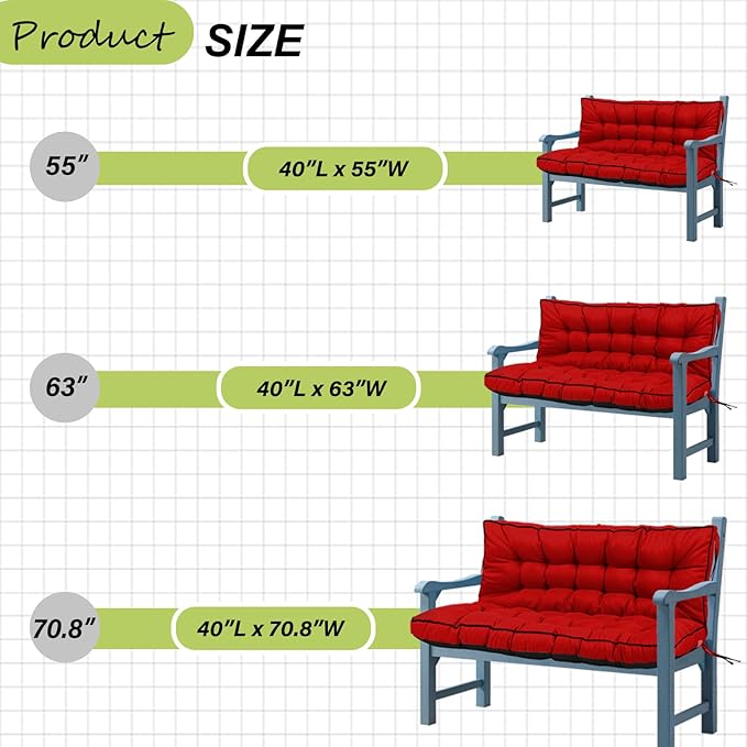 Swing Replacement Cushions with Backrest, 2 or 3 Seater Waterproof Non-Slip Overstuffed Swing Pad, Indoor/Outdoor Bench Cushion for Porch Chair Swing Garden Furniture (Red, 40 * 63 in)