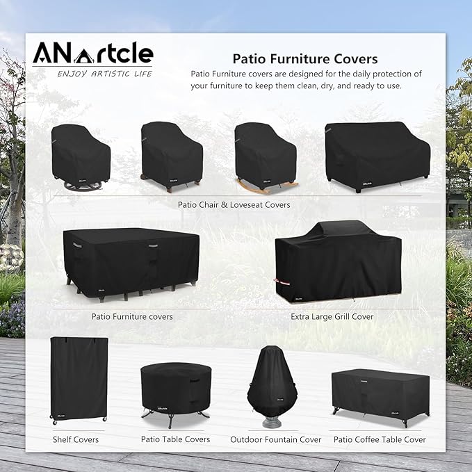 ANartcle Patio Furniture Covers 111L x 74W x 28H inch,600D Waterproof Heavy Duty Outdoor Furniture Covers,Outdoor Wicker Furniture Set with Swivel Patio Chairs General Purpose Furniture Cover,Black