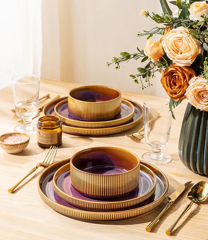 TheTerra Ceramic Dinnerware Sets for 8, 24 Pieces Porcelain Lightweight Plates and Bowls Sets, Scratch Resistant Dish Set, Oven & Microwave & Dishwasher Safe, Amber Amethyst
