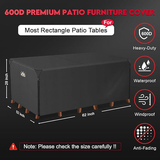 Zettum Patio Furniture Cover Rectangle - 62 Inch Outdoor Table Cover Waterproof & Heavy Duty, 600D Lawn Furniture Set Covers for Outside Rectangular Dining Table and Chairs Combo - 62 x 52 x 28 Inch