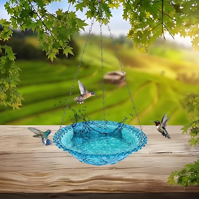 2 Pack Hanging Plastic Bird Baths and Feeders Set for Outdoors, Bird Water Bowls & Seed Trays to Attract Wild Birds, Garden Yard Decor Gift, Blue