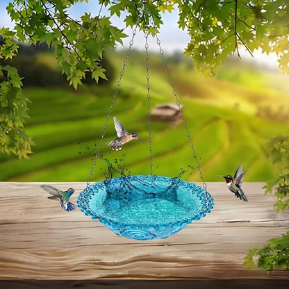 2 Pack Hanging Plastic Bird Baths and Feeders Set for Outdoors, Bird Water Bowls & Seed Trays to Attract Wild Birds, Garden Yard Decor Gift, Blue