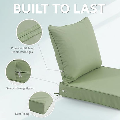 22x22 Inch Patio Chair Cushions Set of 2, Outdoor Furniture Cushions - Removable Cover, Water-Repellent, Fade-Resistant, Non-Slip Bottom & Straps, Replacement for Lawn, Porch & Deck Chair - Sage Green