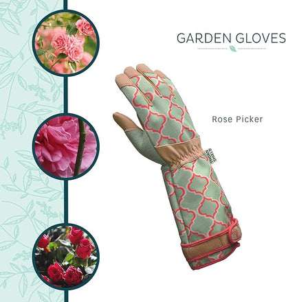 Digz Rose Pruning Vegan Leather Garden Gloves, Long Forearm Protective Cuff with Touchscreen Compatible Finger Tips, Red Geometric Pattern, Large