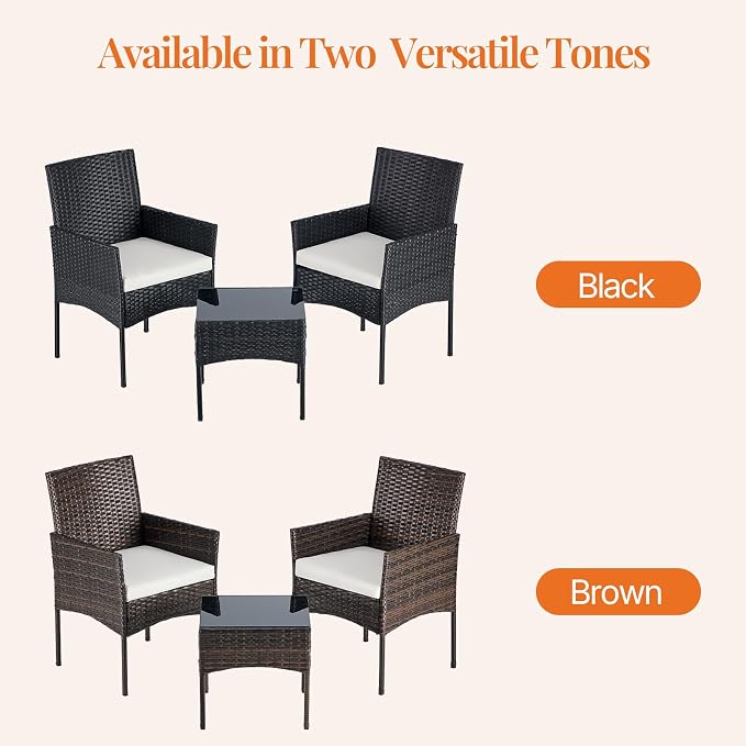 Sweetcrispy 3 Piece Patio Furniture Set, All-Weather Outdoor Conversation with Removable Cushions & Tempered Glass Table, Small Wicker Bistro Set for Balcony, Porch, Backyard, Deck, Brown