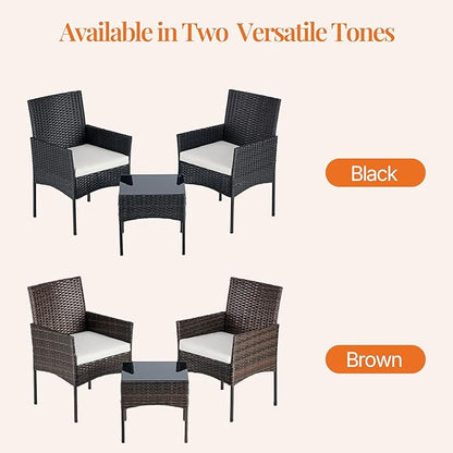 Sweetcrispy 3 Piece Patio Furniture Set, All-Weather Outdoor Conversation with Removable Cushions & Tempered Glass Table, Small Wicker Bistro Set for Balcony, Porch, Backyard, Deck, Black