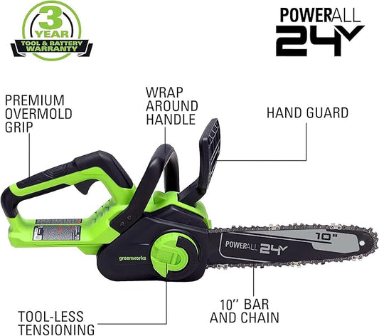 Greenworks 24V 10" Cordless Compact Chainsaw (Great For Storm Clean-Up, Pruning, and Firewood / 125+ Compatible Tools), Tool Only