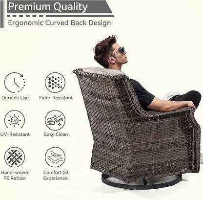 4 Piece Patio Furniture Set, 2 Swivel Glider Chairs and 2 Ottomans PE Wicker Footstool, Outdoors Rattan Conversation Set with Deep Seating and Olefin Cushions, for Backyard, Garden, Beige