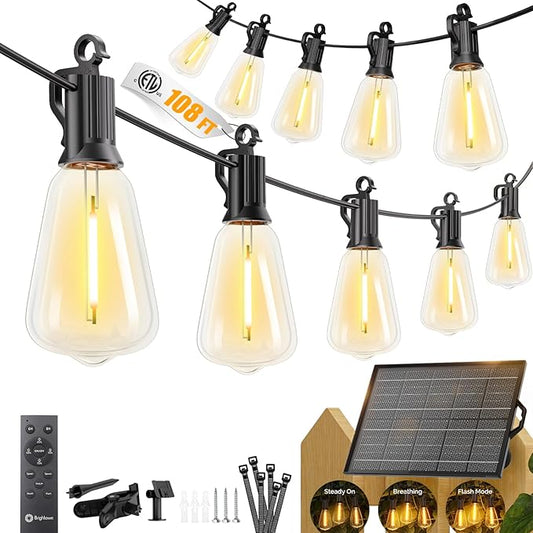 Brightown 108FT 50+2 LED Solar String Lights Outdoor Waterproof, Patio Lights with Remote and Shatterproof Bulbs, Dimmable & Timable, 3 Light Modes, Solar Lights Outdoor for Yard Garden Camping Party