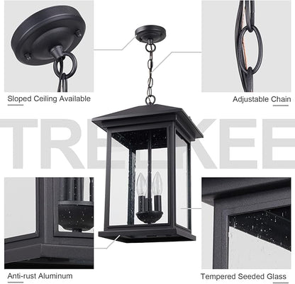 Treekee Large Outdoor Pendant Light, Modern Adjustable Hanging Lantern, Black Outside Porch Chandelier Light with Seeded Glass, Exterior Pendant Lighting for Patio, Porch, Yard, Gazebo