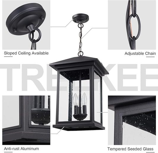 Treekee Large Outdoor Pendant Light, Modern Adjustable Hanging Lantern, Black Outside Porch Chandelier Light with Seeded Glass, Exterior Pendant Lighting for Patio, Porch, Yard, Gazebo