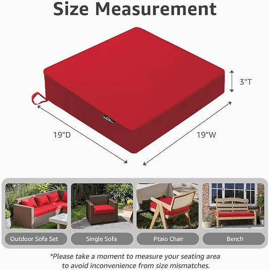 PatioGlow Outdoor Chair Cushions 19 x 19 x 3 Inch, Waterproof & Fade Resistant Patio Seat Cushion for Furniture with Handle and Ties, Thick Seating Pads for Outside Sofa Couch Set of 2, Red