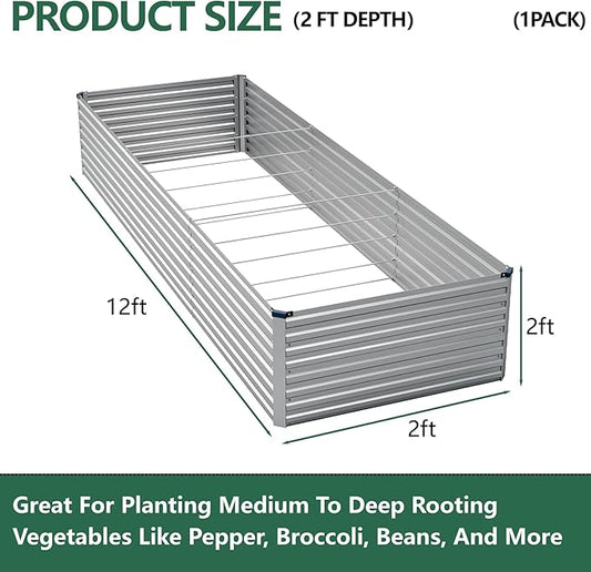 Vengarus 12x2x2FT Galvanized Raised Garden Bed Kit, Deep Root Planter Box Outdoor Large Planter Raised Beds for Planting Flowers,Vegetables and Herbs-Silver