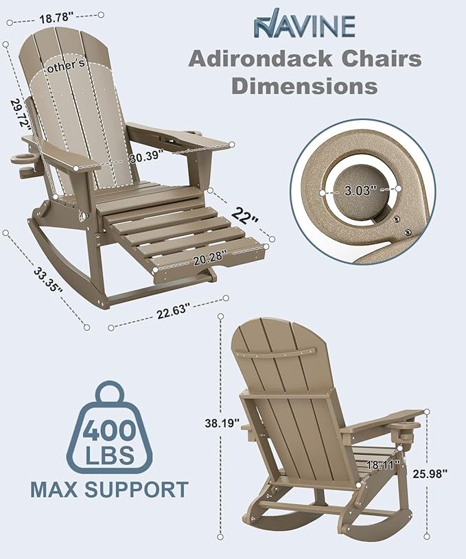 Adirondack Rocking Chairs Set of 6 with Retractable Ottoman, All Weather Folding Adirondack Chair with Two Cup Holders, Adirondack Outdoor Rocking Chairs for Porch, Patio, Balcony. Brown