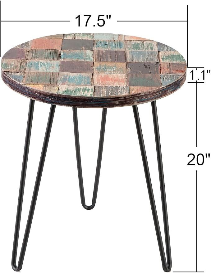 Wood Multi Color Side Table 17.5" x 17.5" x 20" H Reclaimed Vintage Round Accent Coffee Table Wooden Rustic Outdoor Patio End Tables Plant Stand Living Room Bedroom