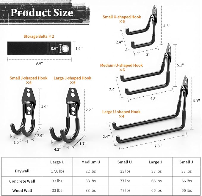 Housolution Steel Garage Hooks - 30Pack Anti-Slip Coating, Heavy Duty Wall Mount Hooks for Bikes, Garden Tools, Ladders, Hose, Bulk Items Ropes, Garage Tool Organizer with Extension Cord Wrap, Black