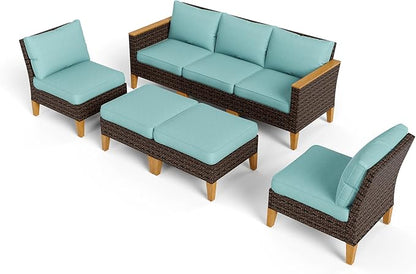 PHI VILLA 7-Piece Outdoor Wicker Patio Conversation Set, Rattan Sectional Daybed Furniture Patio Set for 7 Seats with Cushioned 3 x Armrest Chair, 2 x Ottoman and 2 x Armless Sofa, Blue