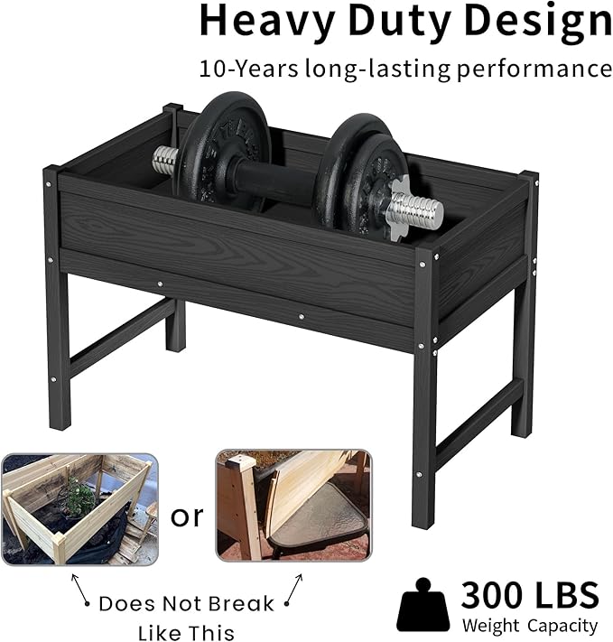 HDPE Raised Garden Planting Bed with Legs,Garden Boxes Outdoor Raised with Drainage Hole Rot-Resistant,Raised Beds for Gardening for Backyard, Patio, Balcony 300 lb Capacity (Black)