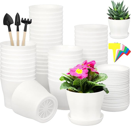 48 Pack Plastic Planters 4 Inch Flower Plant Pots Indoor Set Thickened Seedling Nursery Pots Seed Starting Pots with Drainage Holes Saucers, Mini Garden Tools for Home Office Garden, White