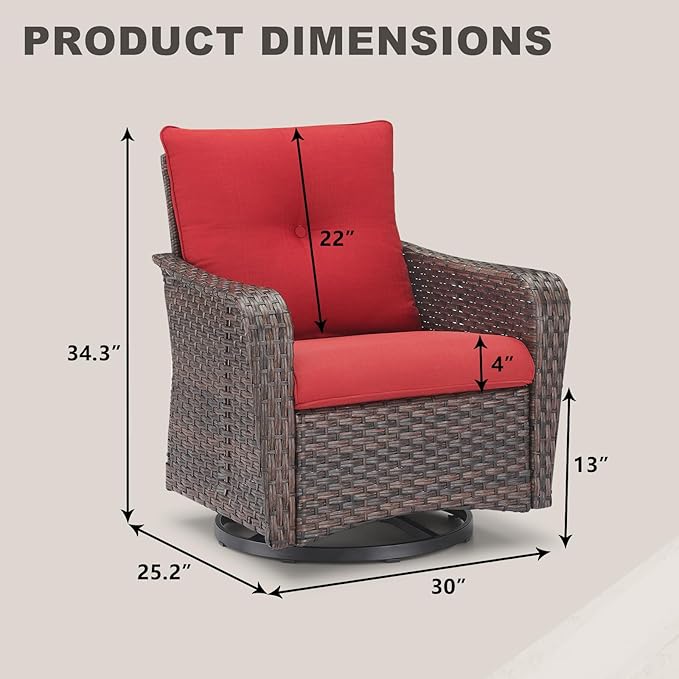 Rilyson Outdoor Patio Swivel Rocker Chairs - 4 PC Wicker Rattan Patio Rocking Glider Chair Set with High Back,Comfy Cushions and Deep Seating for Porch Deck Backyard Garden(Brown/Red)