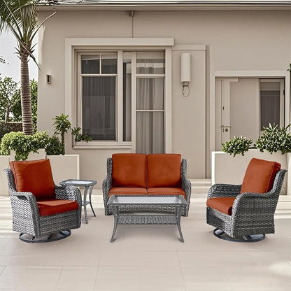 5 Pieces Outdoor Patio Furniture Conversation Set PE Rattan Wicker with 2 Swivel Glider Rocker Chairs, 2 Coffee Table and 1 Loveseat for Yard Backyard Poolside (Grey/Orange)