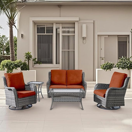 5 Pieces Outdoor Patio Furniture Conversation Set PE Rattan Wicker with 2 Swivel Glider Rocker Chairs, 2 Coffee Table and 1 Loveseat for Yard Backyard Poolside (Grey/Orange)