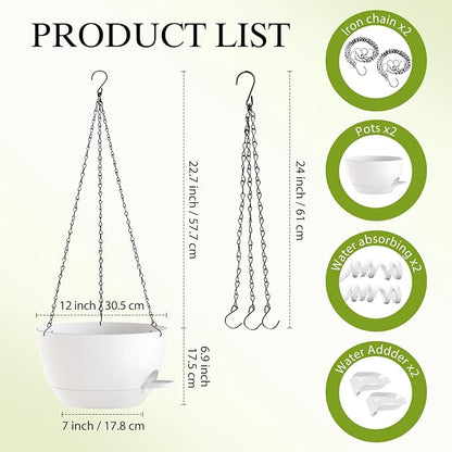 12 Inch Hanging Baskets 2 PC with Chains, Self-Watering Hanging Planters for Indoor Outdoor Plants, Plastic Hanging Flower Pots,White