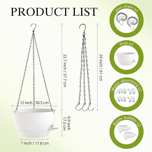 12 Inch Hanging Baskets 2 PC with Chains, Self-Watering Hanging Planters for Indoor Outdoor Plants, Plastic Hanging Flower Pots,White