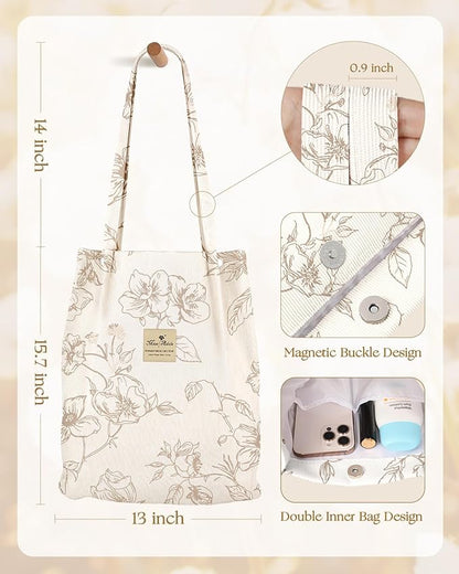 Miss Adola Corduroy Tote Bag for Women - Reusable Totes with Magnetic Buckle & Pocket Aesthetic Design Work Grocery Bags
