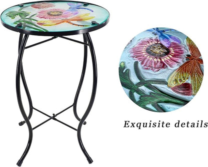 Dragonfly Patio Side Table, Small Patio Outdoor Side Table, Plant Table,Metal Glass End Table for Porch Garden Yard Pool.