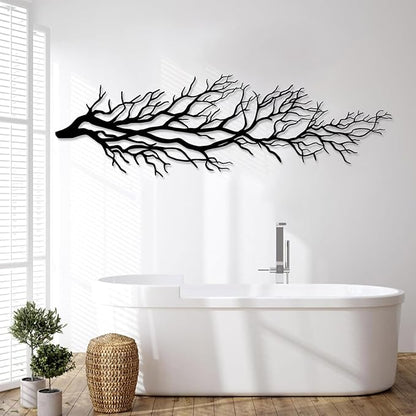 Metal Tree Branch Wall Decor, Dry Ivy Nature Sculpture, Home Sign, Large Art Housewarming Gift (11"x35"|28x90cm, Black)