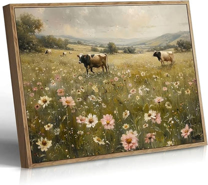 Vintage Canvas Wall Art Cow and Flowers Wall Decor Landscape Countryside Wildflowers Oil Painting Farmhouse Picture Modern Print Rustic Floral Prints for Living Room Bedroom Bathroom 12x16 Inch Framed