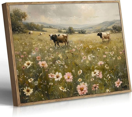 Vintage Canvas Wall Art Cow and Flowers Wall Decor Landscape Countryside Wildflowers Oil Painting Farmhouse Picture Modern Print Rustic Floral Prints for Living Room Bedroom Bathroom 12x16 Inch Framed