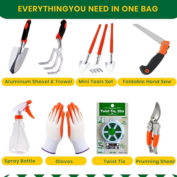 Complete Garden Tools Set, 11 Pcs Heavy Duty Gardening Tools with Organizer Tote Bag, Aluminum & Carbon Steel Garden Tool Set, Gardening Kit for Women & Men, Ideal Gardening Gifts for Plant Lovers