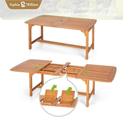 Sophia & William Acacia Wood Expandable Patio Dining Table for 6-8, Outdoor Oil Finish Extending Rectangular Wooden Picnic Table with 1.97" Umbrella Hole, Natural Wood Table for Porch Yard Deck, Teak
