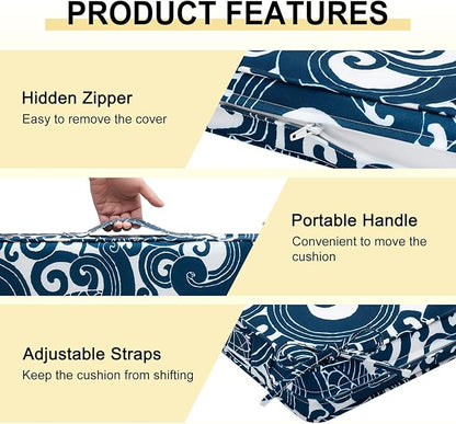 downluxe Outdoor Chair Cushions Set of 4, Waterproof 19" x 19" x 3" Patio Chair Cushion with Non-Slip Ties & Handle, Square Outdoor Cushion for Patio Furniture with Removable Cover, Blue Carp