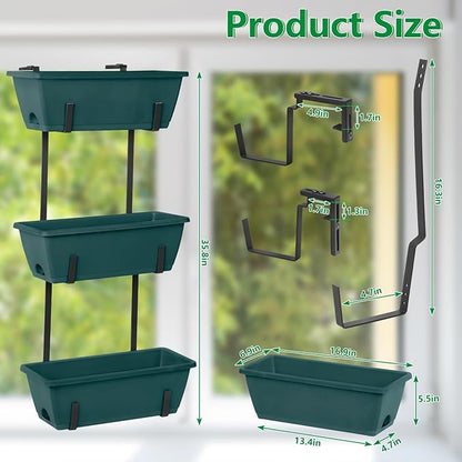 OYEAL Window Boxes Planters with Adjustable Brackets Set of 2 Fence Planters, Over the Deck Railing Planter Box with 6 Pack Hanging Plastic Flower Pots, Drainage Holes for Indoor Outdoor, Green