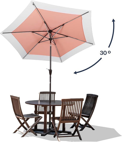 JONATHAN Y UMB1100D Spencer 9 ft. Classic Coastal 2-Tone Solar LED Market Patio Umbrella with 12 LED Strip Lights, Auto-Tilt, Crank and UV Protection in Coral Pink/White