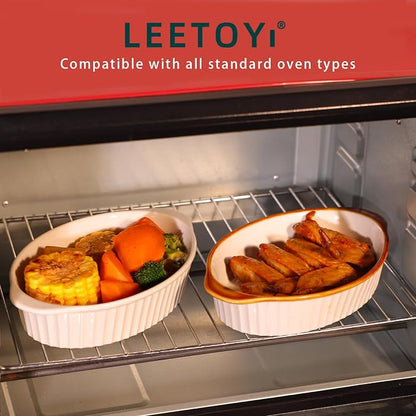 LEETOYI Porcelain Small Oval Au Gratin Pans,Set of 4 Baking Dish Set for 1 or 2 person servings, Bakeware with Double Handle for Kitchen and Home (White/Brown)
